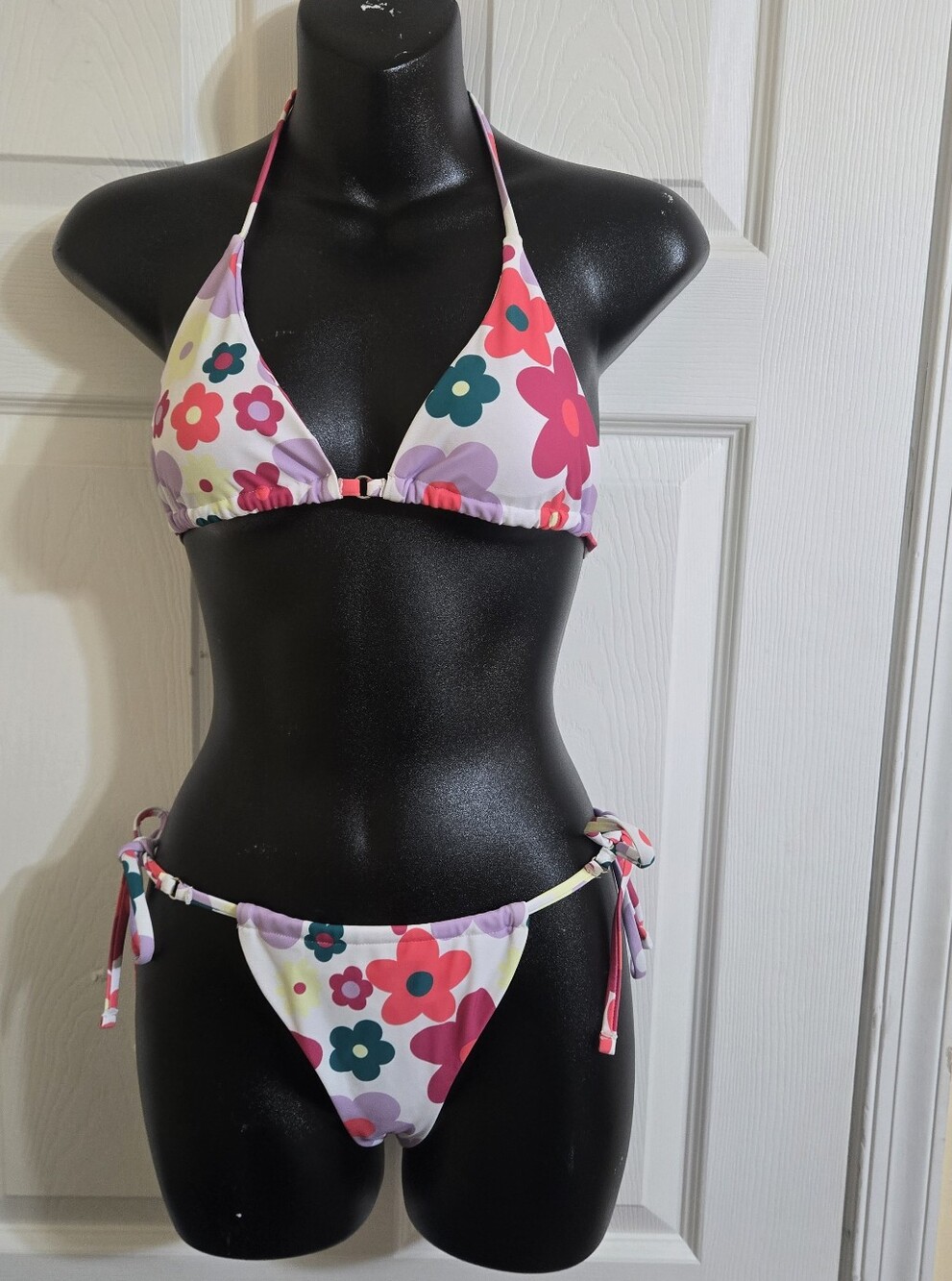 Floral Tie-Side Triangle Thong Bikini- Pink, Teal, Purple